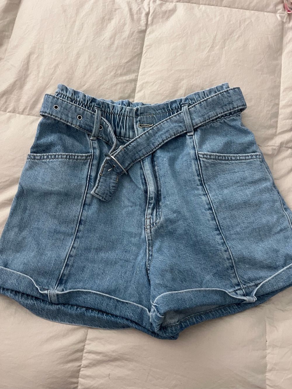 Mango High-Waist Light Blue Denim Paperbag Shorts with Belt NWOT